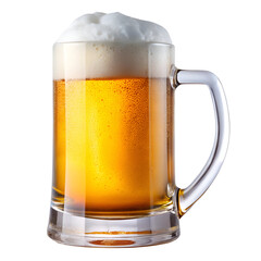 A chilled glass beer mug filled with golden lager and topped with a thick foamy head, isolated on a pure white background. Perfect for bar menus, brewery promotions, and beverage packaging design.