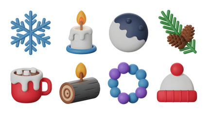Festive winter holiday icons including a snowflake candle ornament pine branch hot chocolate yule log wreath and winter hat arranged creating a cheerful seasonal scene