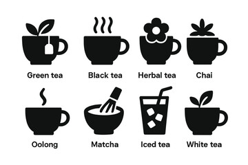 Fototapeta premium Tea Icon Collection. Solid, filled icon set of tea types: green tea, black tea, herbal tea, chai, oolong, matcha, iced tea, white tea. Solid, filled icons in