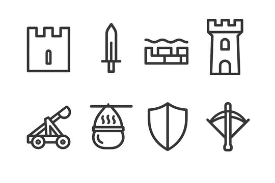 Castle Defense Icons. Outline icon set of castle defenses: battlement, arrow slit, moat, guard tower, catapult, boiling oil pot, shield, crossbow. Line icons