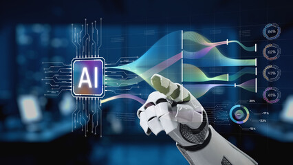 A detailed representation of a robotic hand interacting with an AI interface, showcasing vibrant data visualizations and modern technological advancements in a digital workspace. Synapse