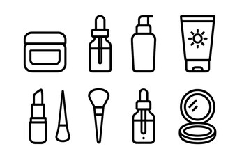 Fototapeta premium Beauty Icon Set. Outline icon set of clean beauty products: moisturizer jar, serum bottle, facial cleanser, sunscreen tube, lipstick, makeup brush, essential