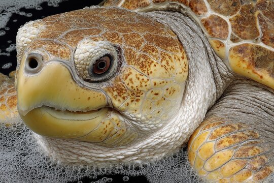 Close-up of a Loggerhead Turtle in Bubbles. A detailed, intimate portrait of marine life. Ocean conservation, marine biodiversity, underwater world.