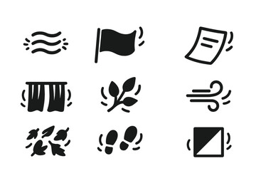 Movement Icon Set. Solid, filled icon set of subtle movement: rustle noise, fabric waving, paper shaking, curtain fluttering, foliage shaking, breeze blowing,