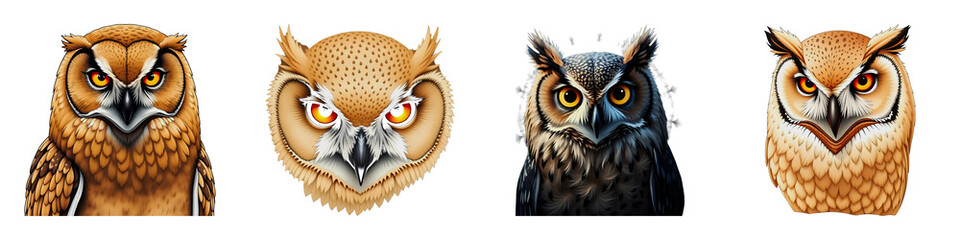 Fototapeta premium Four realistic owl portraits featuring diverse feathers and intense gaze ideal for wildlife and nature projects isolated on transparent background