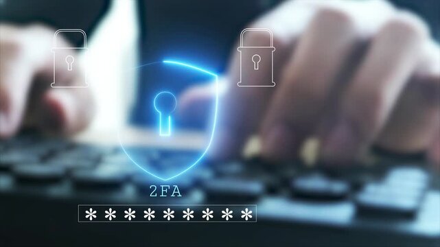 User enabling two-factor authentication (2FA) laptop for secure login. Cybersecurity concept with digital password protection and identity verification technology.
