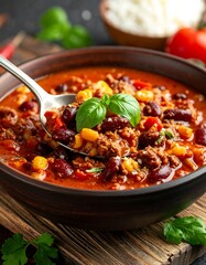 Hearty chili stew with beans, corn, and herbs being served with a spoon