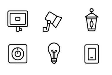 Outdoor and Electrical Icons. Outline icon set of outdoor lighting: floodlight, spotlight, LED strip, lantern, dimmer, light bulb, reflector, light switch.