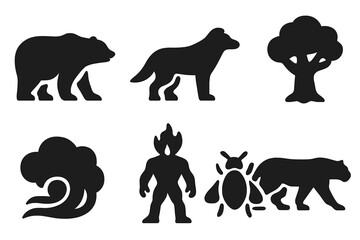 Naklejka premium Druid Shape-shifting Icons. Solid, filled icon set of druid shape-shifting forms: bear form, wolf form, bird form, tree form, mist form, elemental body, insect