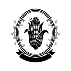 Vector art of vintage corn cob emblem with decorative leaves and a banner