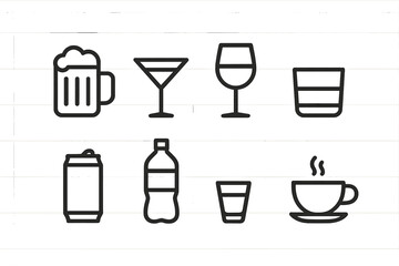 Beverage Icon Set. Outline icon set of bar food beverages pairing: beer mug, cocktail glass, wine glass, whiskey tumbler, soda can, water bottle, shot glass,