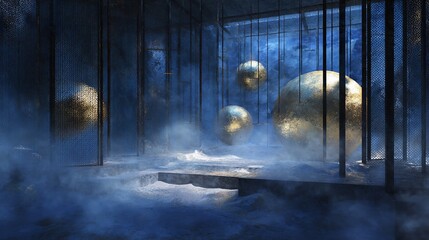 Mystical interior with floating golden spheres.  Metallic structures, moody ambiance