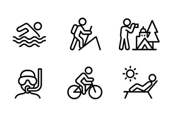 Obraz premium Vacation Activity Icons. Outline icon set of vacation activities: swimming, hiking, sightseeing, camping, snorkeling, biking, sunbathing, shopping. Line icons