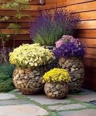 Stylish outdoor planters filled with vibrant flowers and stones create a beautiful garden scene.