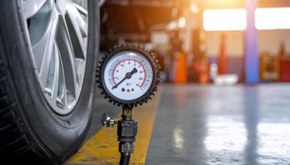 A close-up shot of a tire pressure gauge with a clear dial reading, connected to a car tire. The background is a blurred garage or workshop.