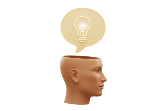 Open head with light bulb isolated PNG, concept of idea generation and creative thinking on transparent background