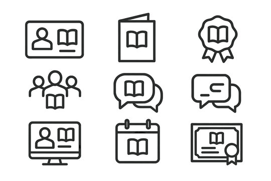 Book Club Icons. Outline icon set of book club membership: ID card, invitation, badge, group photo, chat, online profile, calendar reminder, membership