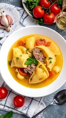 Hearty soup with pasta and meat