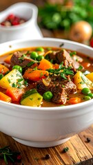 Hearty stew with vegetables, served in a white bowl