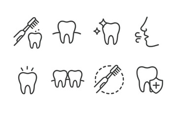 Obraz premium Oral Care Icon Set. Outline icon set of electric toothbrush oral care benefits: plaque removal, gum health, whitening, fresh breath, sensitive teeth care,