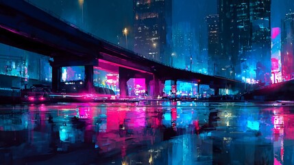 Neon-lit cityscape reflecting in a pool, under a highway bridge at night