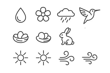 Tender Nature Icons. Outline icon set of tender nature: dew drop, soft petals, gentle rain, hummingbird, nest with eggs, baby animals, sun rays, gentle breeze.