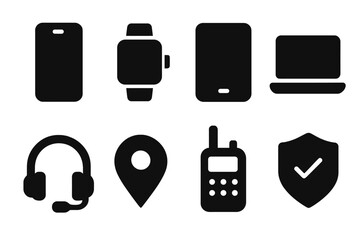 Escort Tech Icons. Solid, filled icon set of escort technology: smartphone, smartwatch, tablet, laptop, headset, GPS tracker, walkie-talkie, security app.