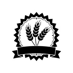 Vector art of black and white emblem with wheat stalks and ribbon