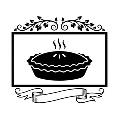 Vector art of black and white illustration of a whole pie with steam rising, framed by decorative elements and a banner