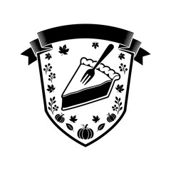 Vector art of black and white illustration of a pie slice with a fork, within a shieldshaped crest adorned with autumn leaves and pumpkins