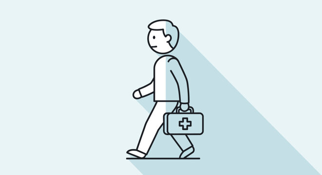 Professional health worker carrying a first aid kit, walking with purpose, symbolizing medical assistance and prompt care delivery in a clean, modern line art style