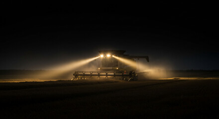 Harvesting golden wheat fields under the stars with combine harvester illuminated by powerful headlights