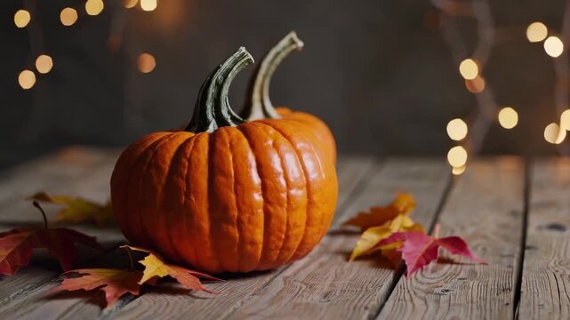 Two pumpkins on wooden table with autumn leaves and bokeh lights in cozy fall setting.