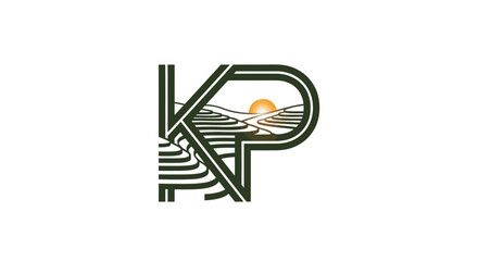 Elegant KP Monogram Logo Design with Sunrise Landscape and Geometric Lines Design