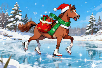 Cartoon horse wearing Santa hat, green scarf, and ice skates gliding joyfully on a frozen lake with a sack of presents in a snowy winter wonderland
