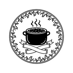Vector art of handdrawn illustration of a steaming pot of soup or stew in a decorative circular frame with a banner