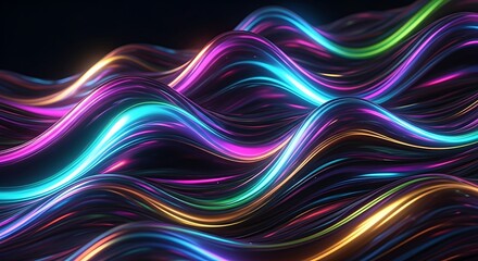 Vibrant neon light streams creating an abstract wavy pattern of glowing electric energy and futuristic digital flow against a dark background