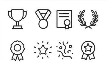 Award Icon Set. Outline icon set of award: trophy, medal, certificate, laurel wreath, prize ribbon, star burst, confetti, winner badge. Line icons in only