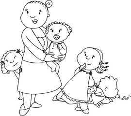 Big family vector. A mother or a baby-sitter with four little children. Coloring vector illustration
