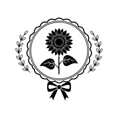 Vector art of black and white emblem with a single sunflower and bow