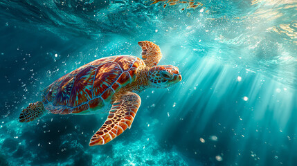 Sea turtle gliding through clear turquoise water sunlight streaming vibrant peaceful underwater marine nature ocean