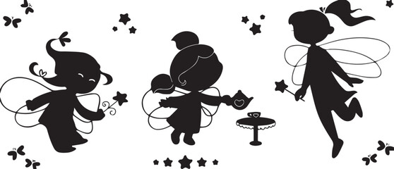 Black icon set of fairies. Three black silhouettes for kids. Cute fairies flying with wands.
