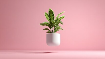 Green houseplant in white pot floating on pastel pink background with copy space