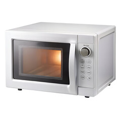 Fototapeta premium A compact electric microwave oven with digital panel, isolated on a pure white background. Perfect for appliance catalogs, kitchen branding, and product promotions.