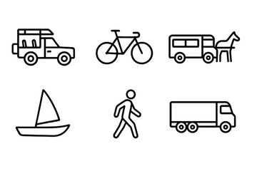 Kenyan Transport Icons. Outline icon set of Kenyan transportation: Safari jeep, Bicycle, Matatu (public bus), Donkey cart, Boat, Motorbike, Walking, Truck.