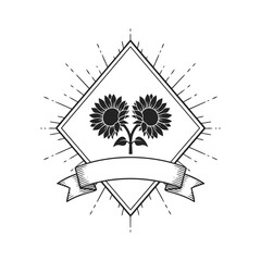 Vector art of two sunflowers inside a diamond shape with radiating lines and a banner