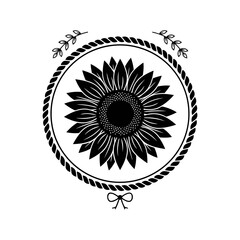 Vector art of a single large sunflower centered within a circular rope frame, with small leaves and a ribbon bow