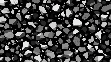 Terrazzo pattern creating a seamless abstract background with various sized and shaped monochrome stones, showcasing a durable flooring texture