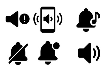 Volume Icons Grid. Solid, filled icon set of volume notifications: alert sound, ringing phone, message tone, alarm bell, system beep, notification badge,