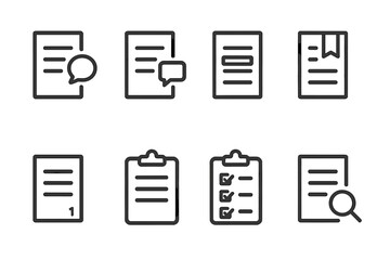 Document Annotation Icons. Outline icon set of document annotation: page with notes, margin comment, highlighted text, bookmark, footnote, clipboard,